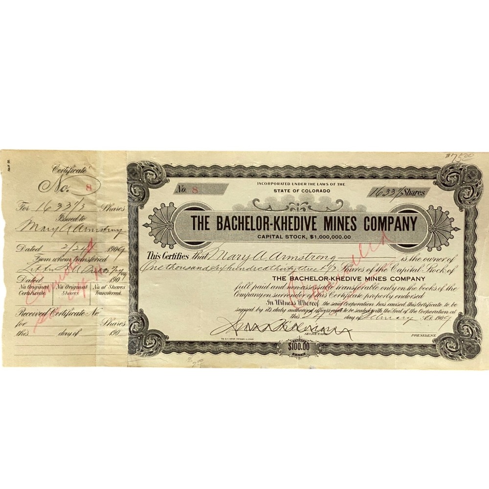 Antique 1908 Mining Stock Certificate‎ Bachelor Khedive Mines Collectible